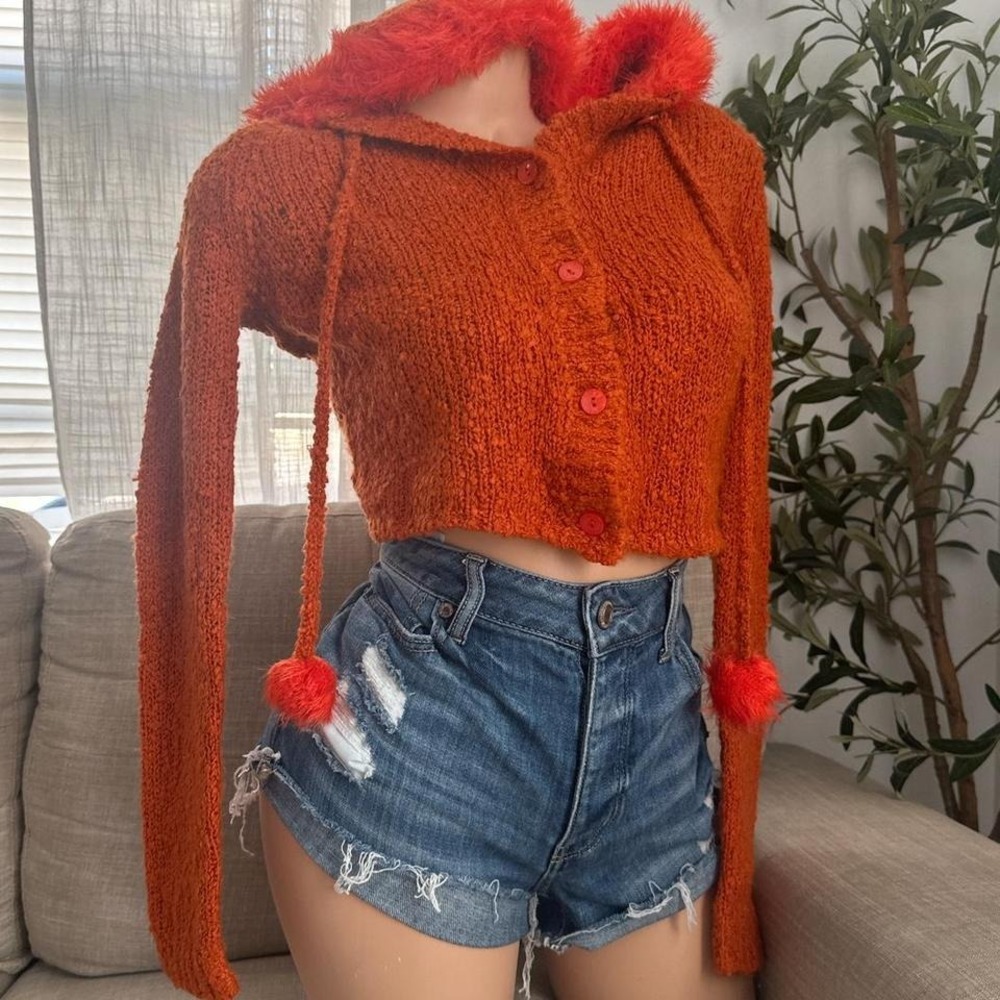 Unif NWT Fuku Orange Fuzzy Hooded Cropped Cardigan Sweater